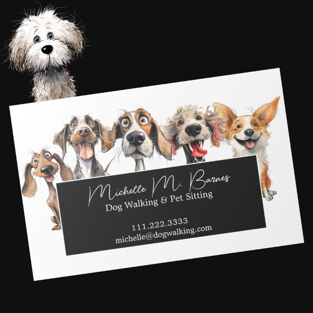 Funny Puppy Dog Walker Sitter Schwarz-weiß Magnetische Visitenkarte (Von Creator hochgeladen)