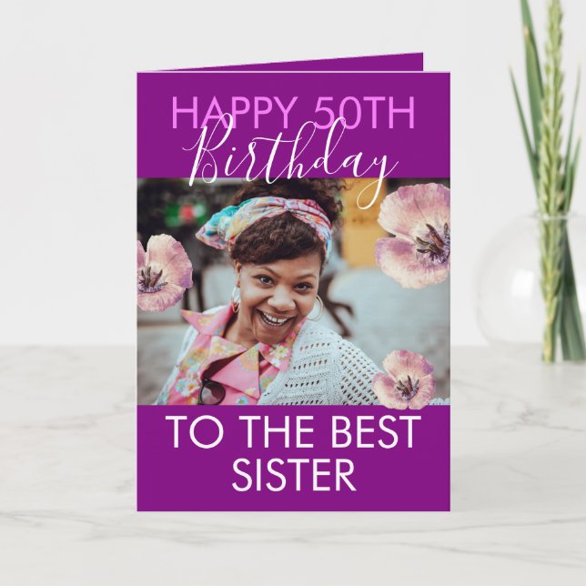 Funny Purple Floral Foto Sister 50th Birthday Karte (Vorderseite)