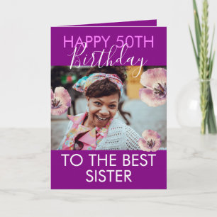Funny Purple Floral Foto Sister 50th Birthday Karte
