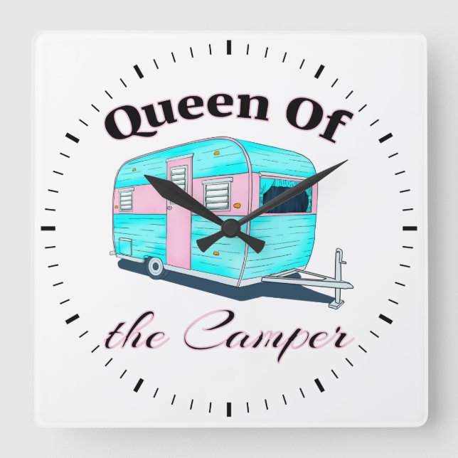 Funny Queen of the Camper RV Quadratische Wanduhr (Vorderseite)