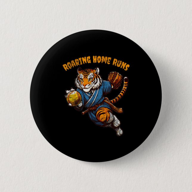 Funny Quote Roaring Home Run Ball Retro Tiger Love Button (Vorderseite)