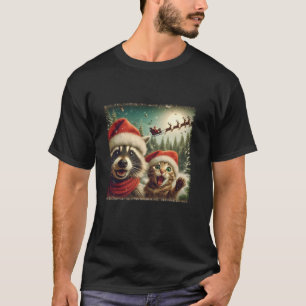 Funny Raccoon Katze Selfie mit Santa s Sleigh Weib T-Shirt