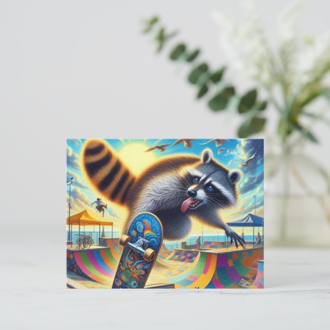 Funny Raccoon Skateboarding Postkarte (Stehend Vorderseite)