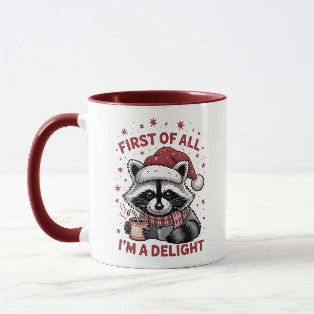 Funny Raccoon zuerst bin ich ein Freude Weihnachte Tasse (Links)
