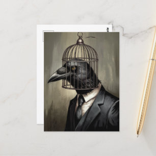 Funny Raven in einem Business-Anzug mit Käfigkopf Postkarte