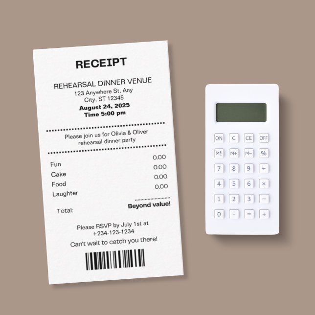 Funny, Receipt theme rehearsal dinner invitation Begleitkarte (Von Creator hochgeladen)