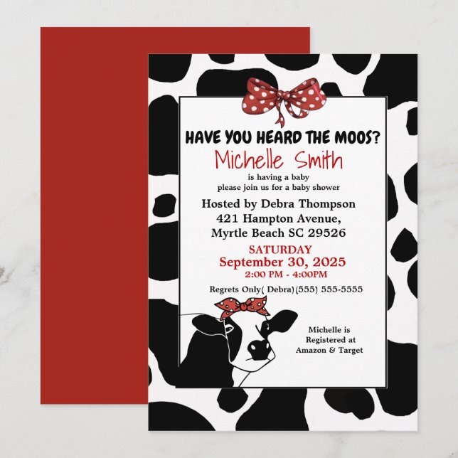 Funny Red and Cow Print Baby Shower Einladungen (Vorne/Hinten)