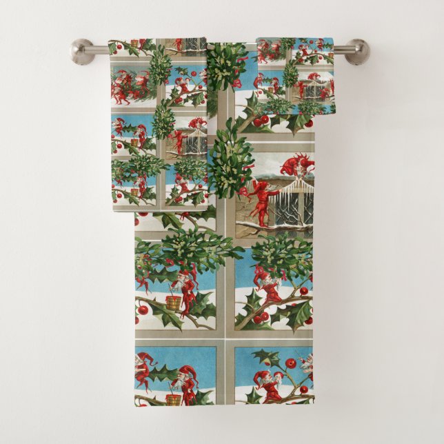 FUNNY RED CHRISTMAS ELVES, HOLLYBERRIES, MISTLETOE (En situation)