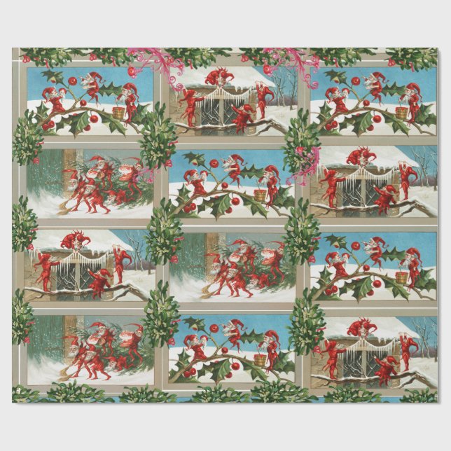 FUNNY RED CHRISTMAS ELVES, HOLLYBERRIES, MISTLETOS GESCHENKPAPIER (Flach)