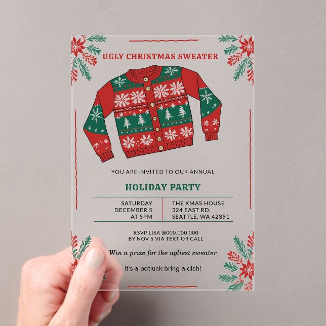 Funny Red Green Ugly Christmas Sweater Party Acryleinladungen (Insitu (Handheld))