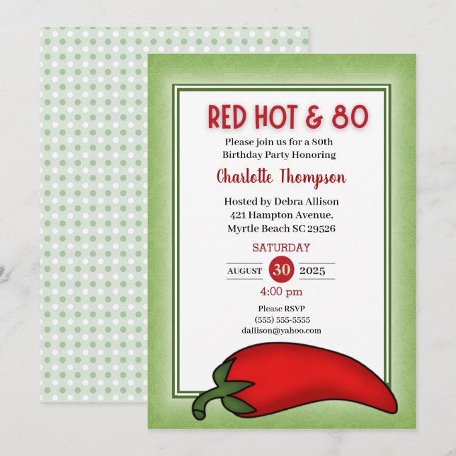 Funny Red Hot 80. Geburtstag Einladungen (Vorne/Hinten)