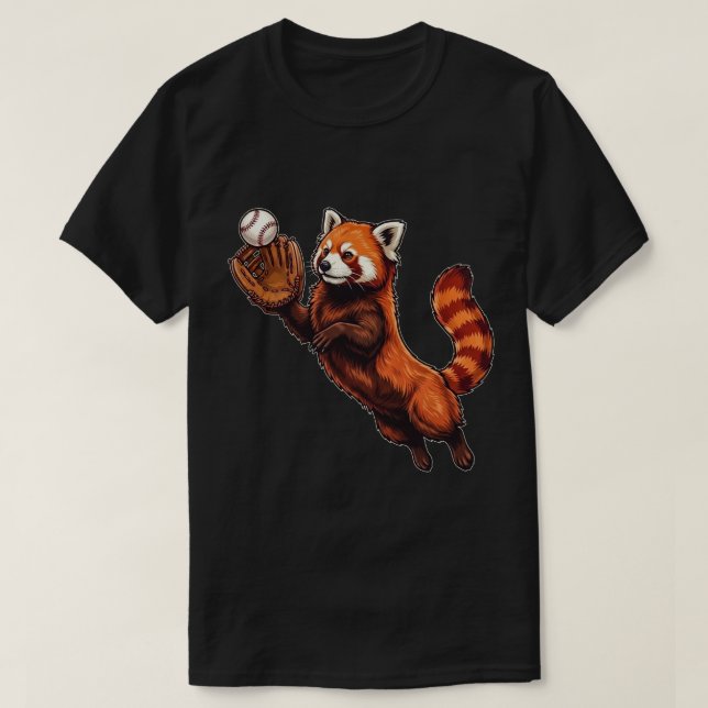 Funny Red Panda Playing Baseball Catching Ball T-Shirt (Design vorne)