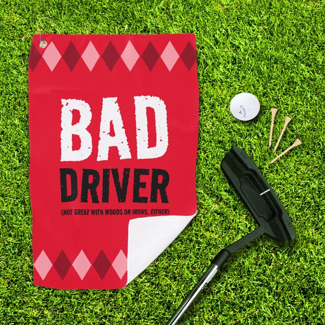 Funny Red Raute Bad Driver ... Golfhandtuch (Bad Driver red argyle golf towel with putter, ball, and 3 tees on golf green)