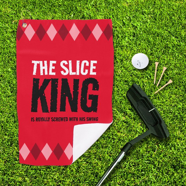 Funny Red Raute The Slice King ... Golfhandtuch (The Slice King red argyle golf towel with putter, ball, and 3 tees on golf green)