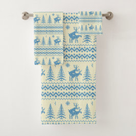 Funny Reindeer Christmas Tree Snow Blue Pattern Badhandtuch Set