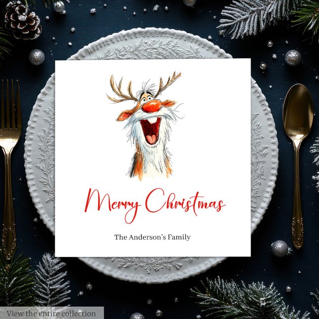 Funny Reindeer Holiday Festive Cocktail Napkins Serviette (Funny Santa Claus Holiday Festive Cocktail Napkins)