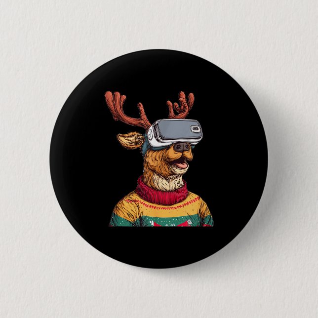 Funny Reindeer In Christmas Sweater And Vr Headset Button (Vorderseite)