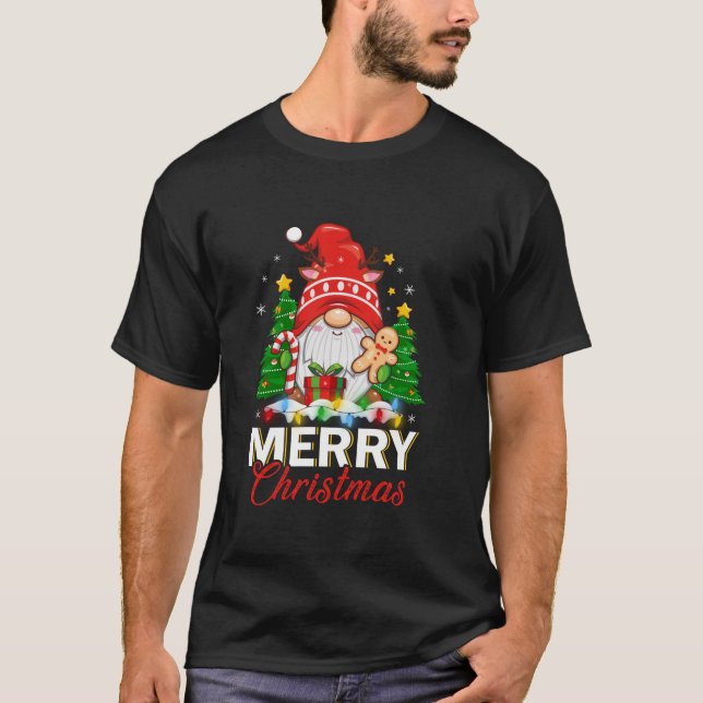 Funny Reindeer Peace Gnome Candy Cane Xmas Lights T-Shirt (Vorderseite)