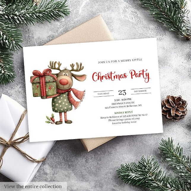 Funny Reindeer red green printable Christmas  Einladung (Funny Reindeer red green printable Christmas invite)