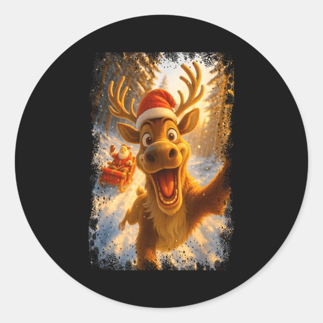 Funny Reindeer Selfie Santa Merry Christmas Men Wo Runder Aufkleber (Vorderseite)