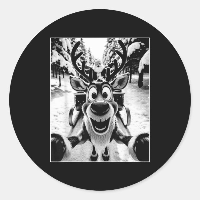 Funny Reindeer Selfie Santa Sleigh Christmas Holid Runder Aufkleber (Vorderseite)