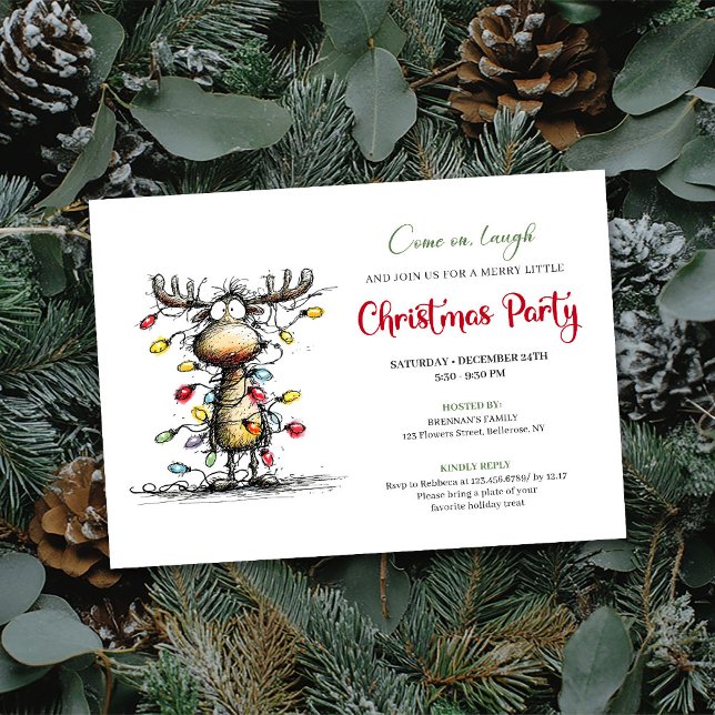 Funny Reindeer Watercolor Christmas Party Card Einladung (Funny Reindeer Watercolor Christmas Party Card)