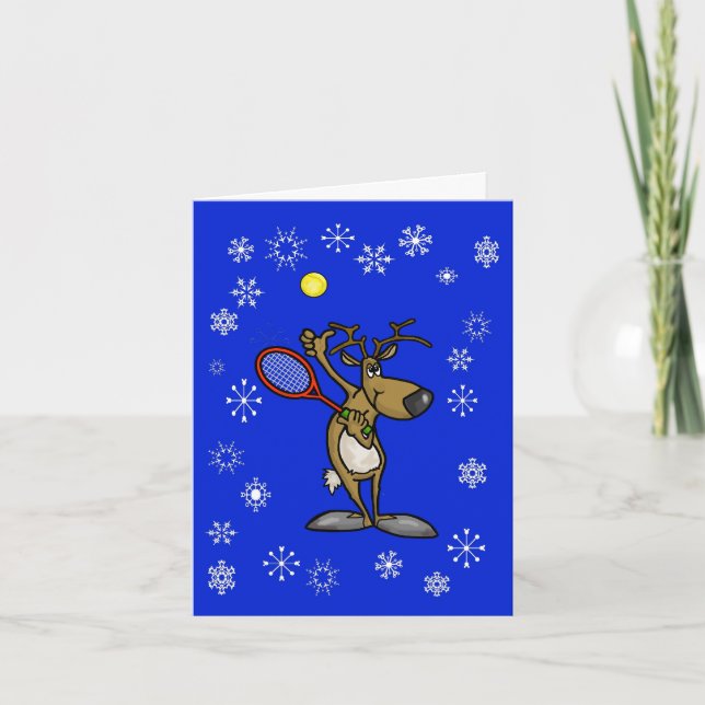Funny Rentier mit Tennis Racket Weihnachtskarte Karte (Vorderseite)