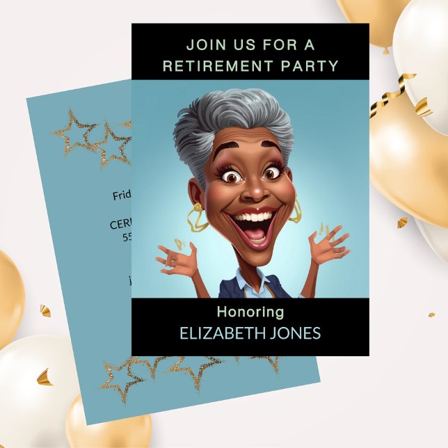 Funny Retirement Party Caricature Lady Einladung (Funny Retirement Party Caricature Lady Invitation)