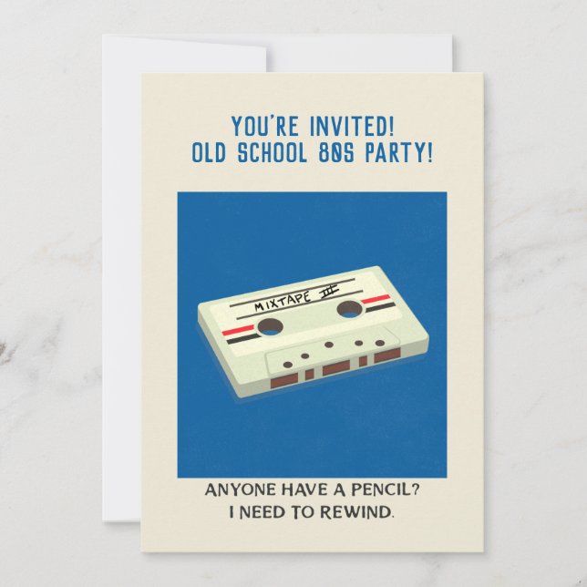 Funny Retro Cassette Rückwind mit einem Stift Einladung (Vorderseite)