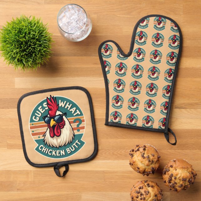 Funny Retro Chicken Hintern Jodesign Ofenhandschuh & Topflappen-Set (Oben Unten)