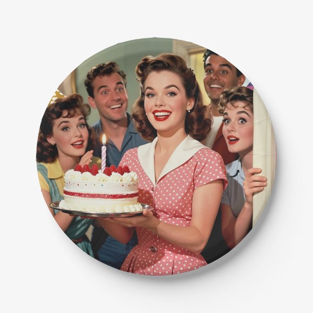 Funny Retro Friends Celebrating a Birthday Pappteller (Vorderseite)