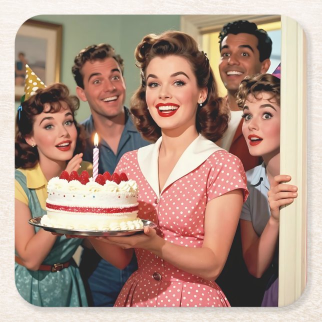 Funny Retro Friends Celebrating a Birthday Rechteckiger Pappuntersetzer (Vorderseite)