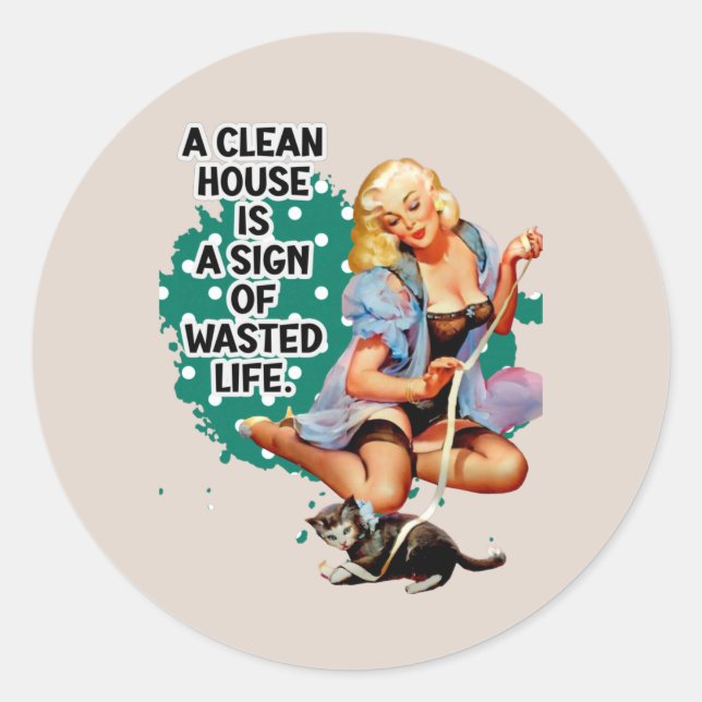 Funny Retro Hausfrau Pi-up Girl Art Runder Aufkleber (Vorderseite)