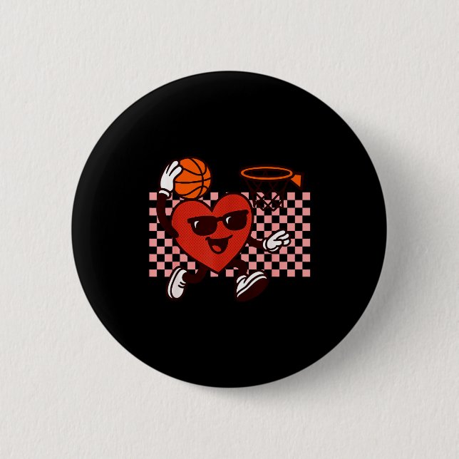 Funny Retro Heart Graphic Basketball Player Kids V Button (Vorderseite)