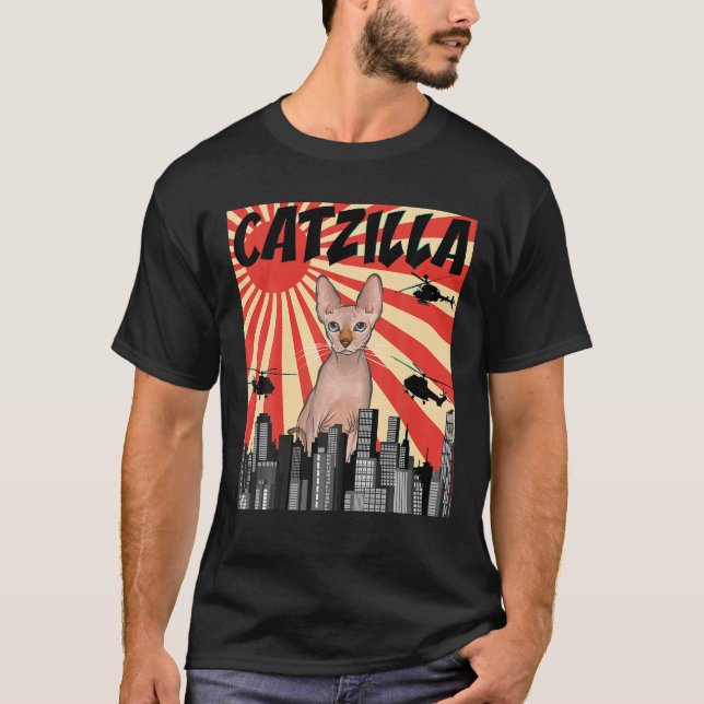 Funny Retro Japanisch Catzilla Sphynx Cat T Shirt (Vorderseite)