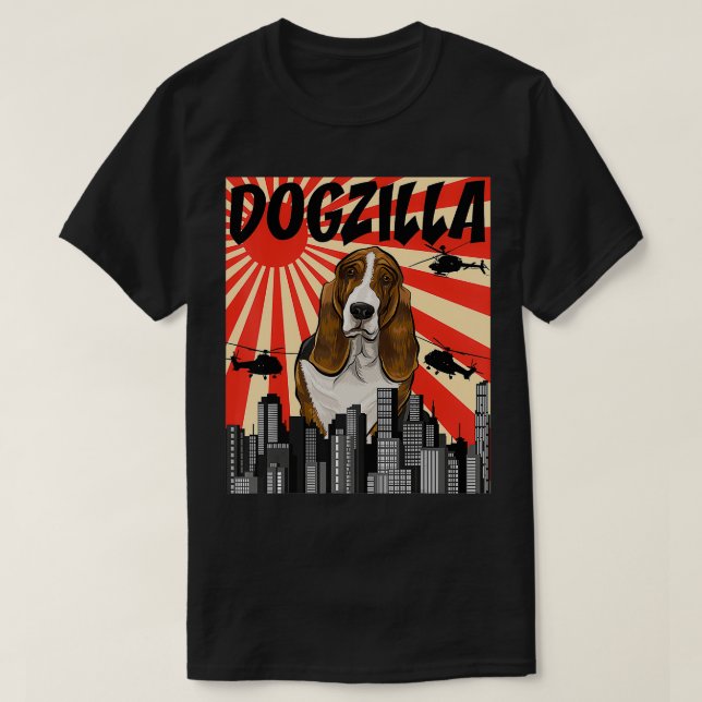 Funny Retro Japanischer Dogzilla Basset Hound T-Shirt (Design vorne)