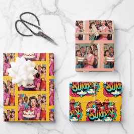 Funny Retro Pop Art Birthday Party Surprise Geschenkpapier Set