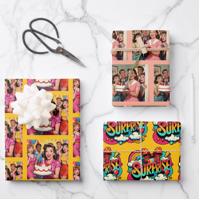 Funny Retro Pop Art Birthday Party Surprise Geschenkpapier Set (Vorderseite)