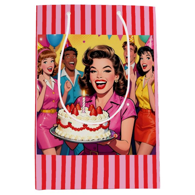 Funny Retro Pop Art Birthday Party Surprise Mittlere Geschenktüte (Vorderseite)