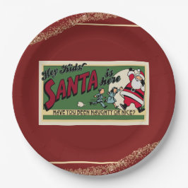 Funny Retro Santa Text Glitzer Naughty oder Nice F Pappteller