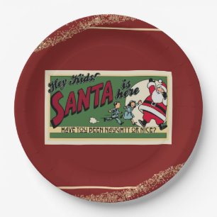 Funny Retro Santa Text Glitzer Naughty oder Nice F Pappteller