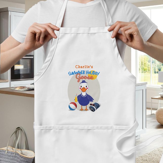 Funny Retro Sommerurlaub Albern Gänse Schürze (An apron with cartoon 'Summer Holiday Goose' design, personalized with a name)