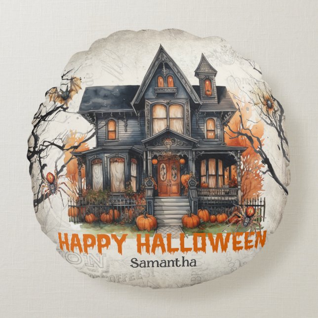 Funny Retro spooko Halloween Spuk Haus Rundes Kissen (Vorderseite)