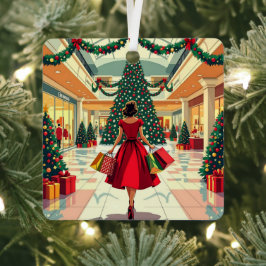 Funny Retro Woman Shopping Mid Century Christmas Ornament Aus Metall