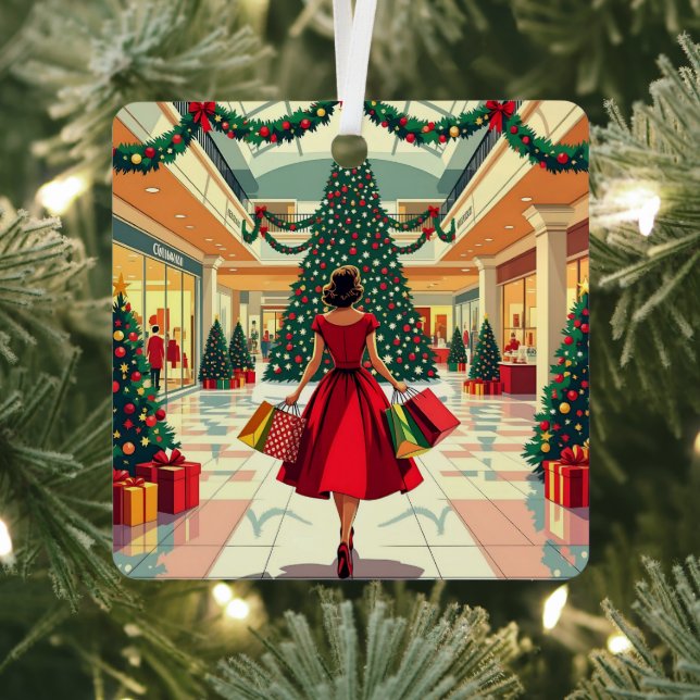 Funny Retro Woman Shopping Mid Century Christmas Ornament Aus Metall (InSitu)