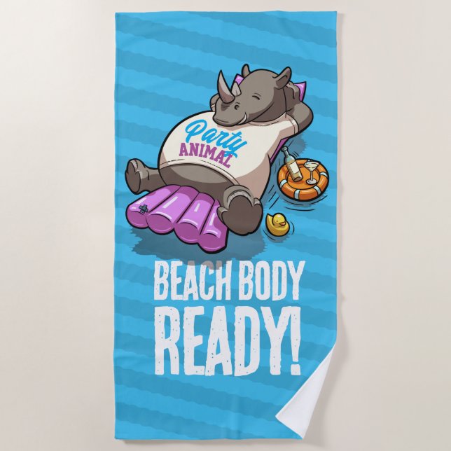 Funny Rhino Beach Body Ready! Pool Party Cartoon Strandtuch (Vorderseite)