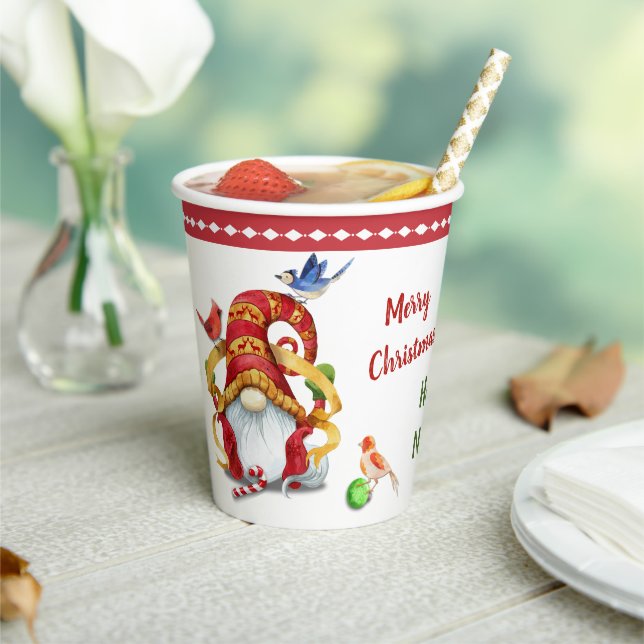 Funny Ribbon Gnome mit Birds Weihnachtspapier Tass Pappbecher (In Situ)