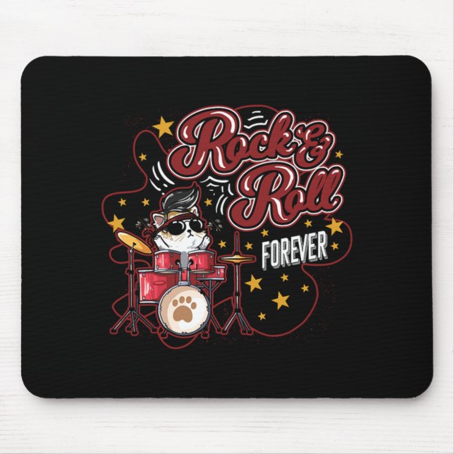 Funny Rock'n'Roll Forever Cool Drummer Cat Mousepad (Vorne)