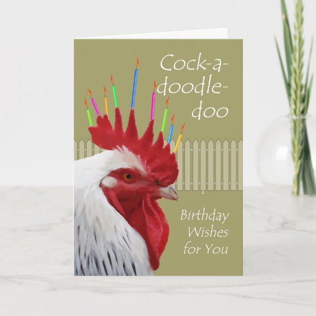 Funny Rooster Birthday Wishings, Cock-a-doodle-doo Karte (Vorderseite)