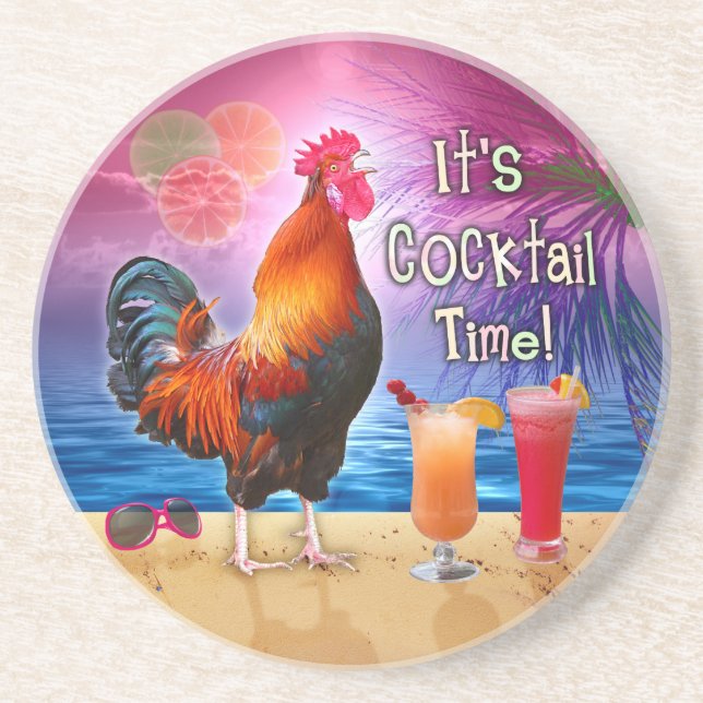 Funny Rooster Chicken Cocktails Tropisches Meer Sandstein Untersetzer (Vorne)